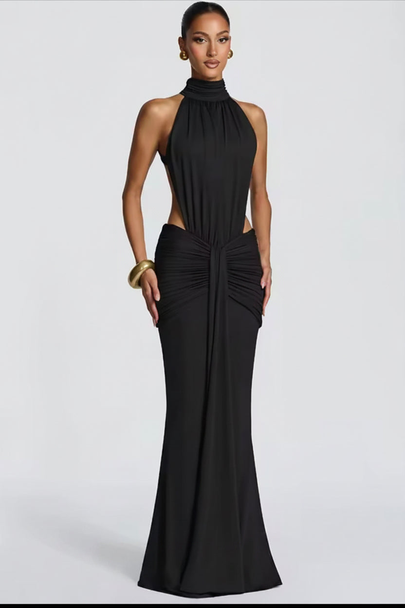 Erika-Vestido Largo sin Espalda con Cuello Alto