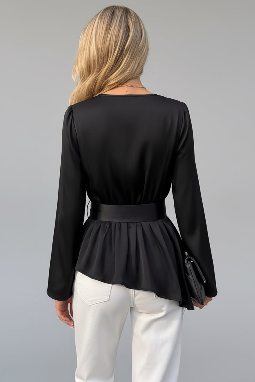 Luisa- Blusa Negra Cruzada para Mujer con Cuello en V