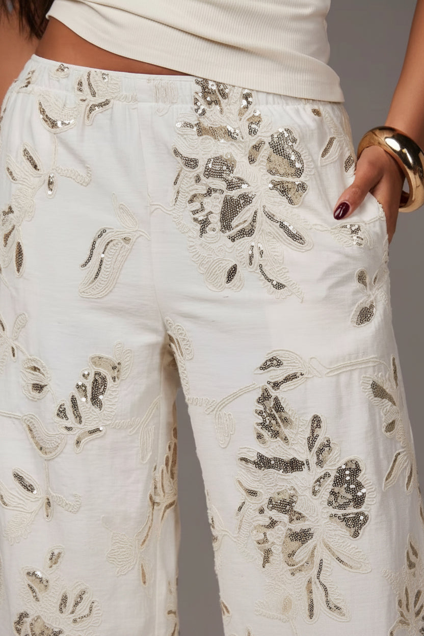 Laura-Pantalones casuales con lentejuelas y bordado