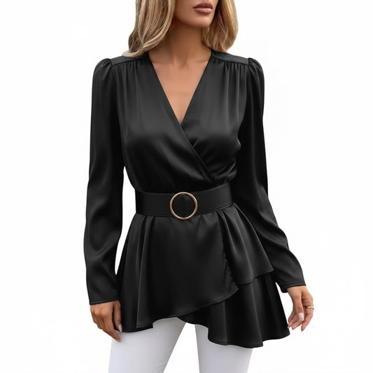 Luisa- Blusa Negra Cruzada para Mujer con Cuello en V