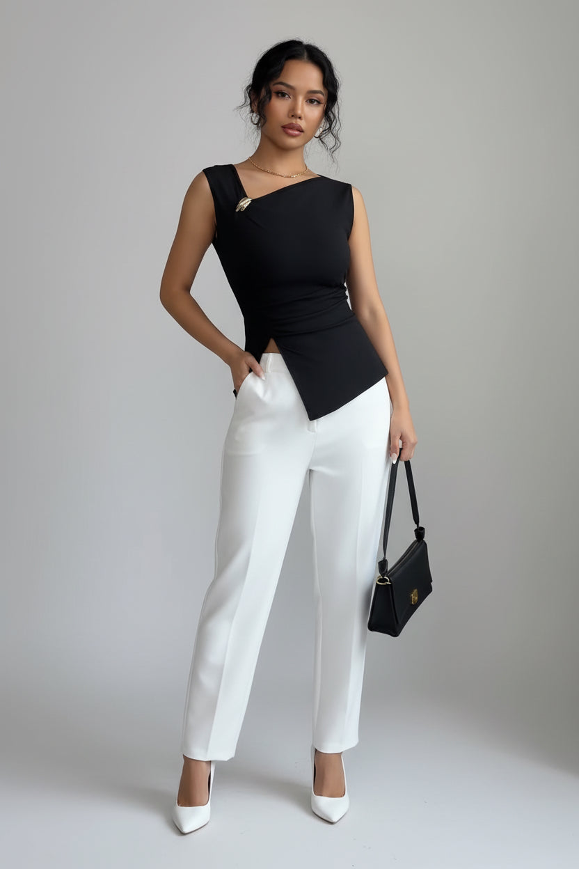 Carla- Top de Tirantes Asimétrico para Mujer con Fruncido y Abertura