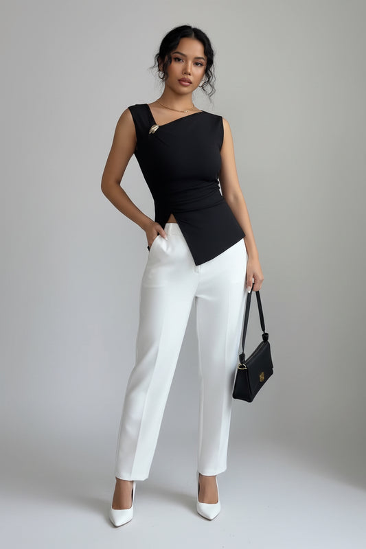 Carla- Top de Tirantes Asimétrico para Mujer con Fruncido y Abertura