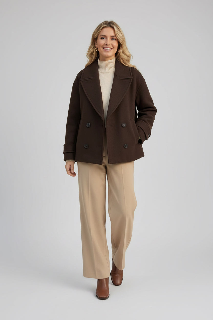 Camila- Gabardina lisa de doble botonadura a la moda para mujer