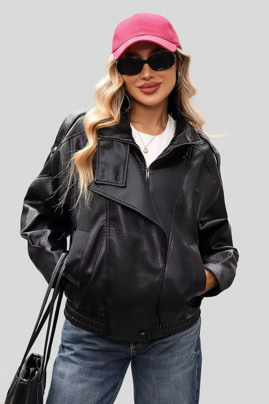 Lorena- Chaqueta de piel sintética negra vintage y elegantes para mujer