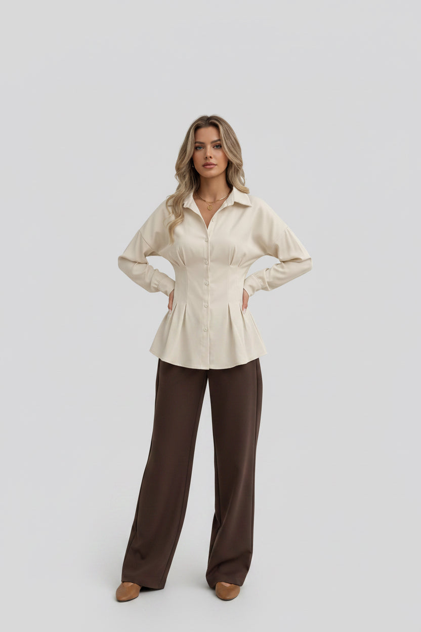 Luz-Elegante Camisa Plisada con Cintura Ajustada para Mujer