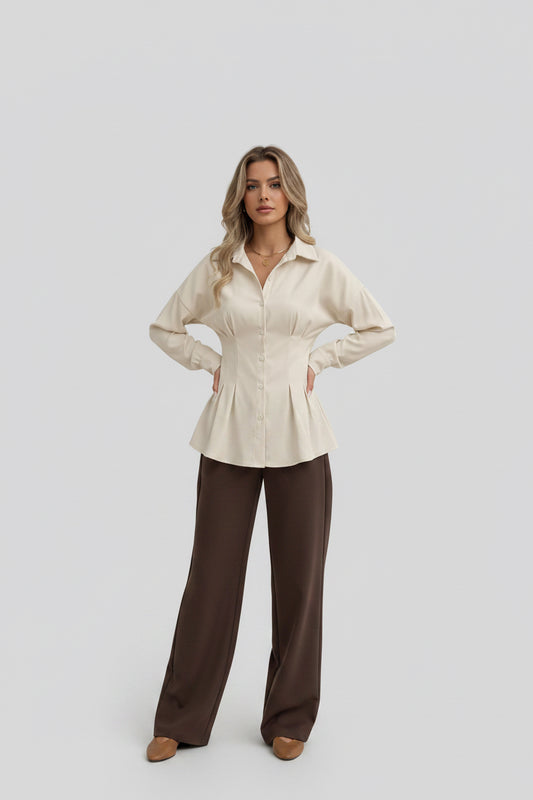 Luz-Elegante Camisa Plisada con Cintura Ajustada para Mujer