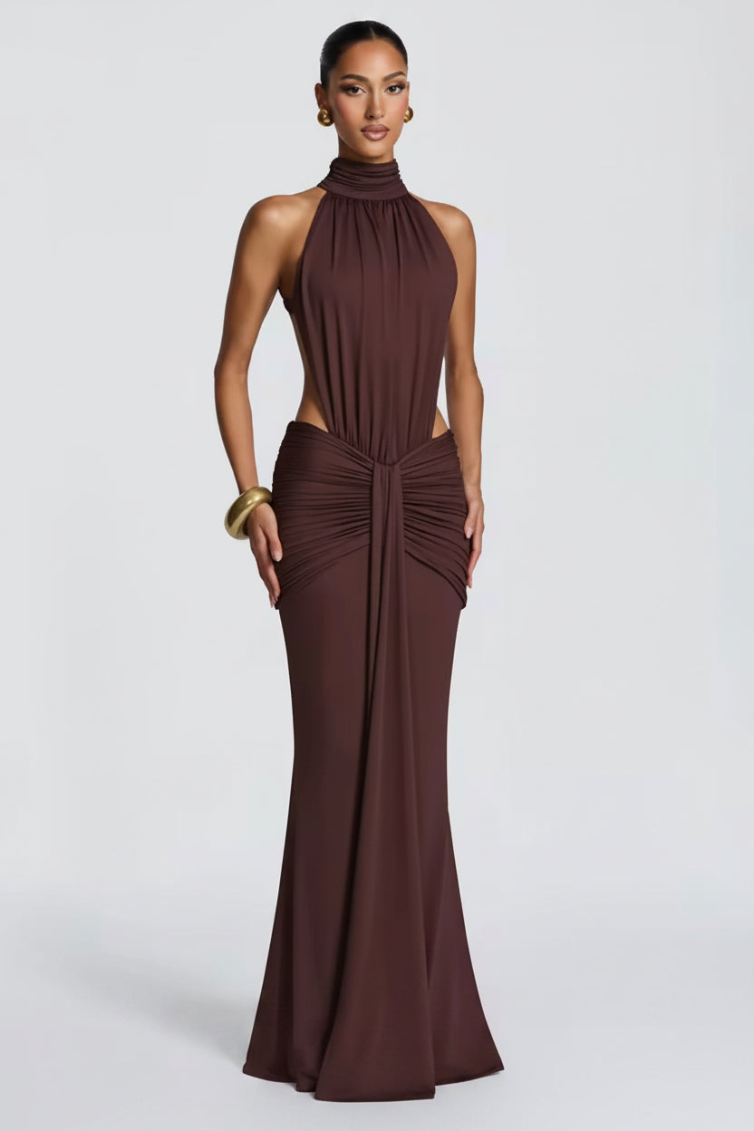 Erika-Vestido Largo sin Espalda con Cuello Alto