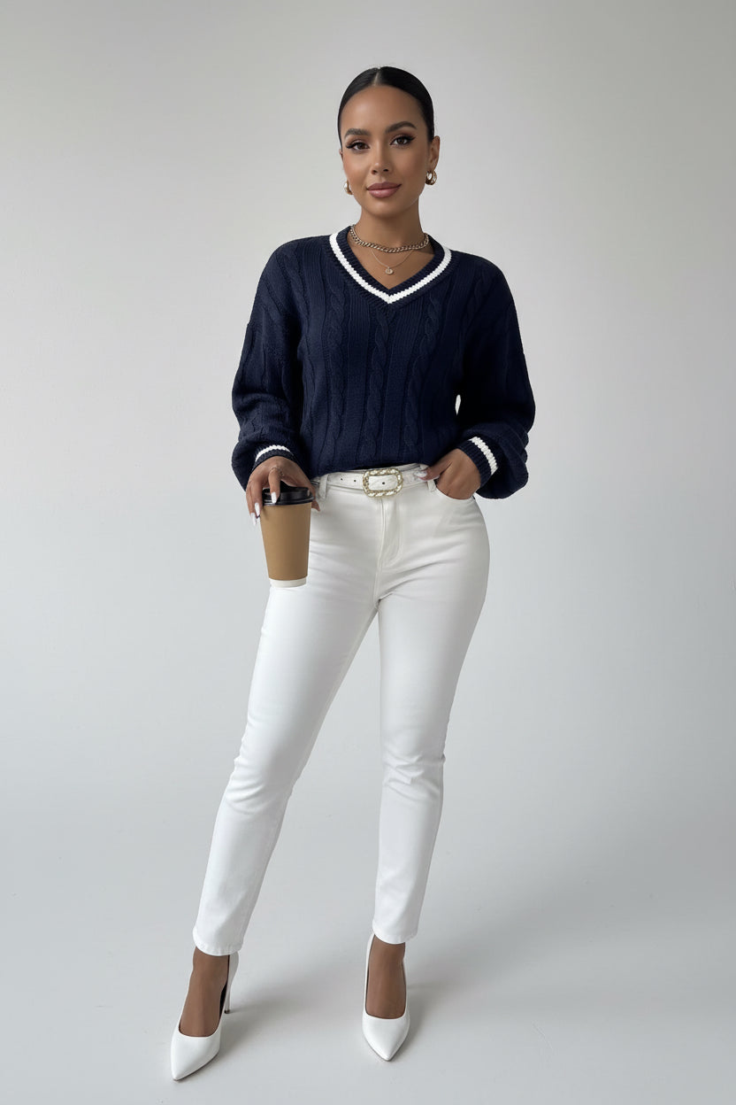 Alicia- Top de punto elegante con cuello en V para mujer