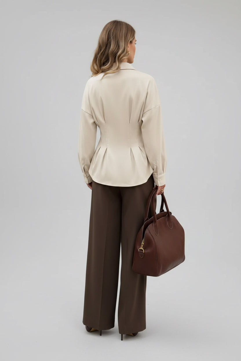 Luz-Elegante Camisa Plisada con Cintura Ajustada para Mujer