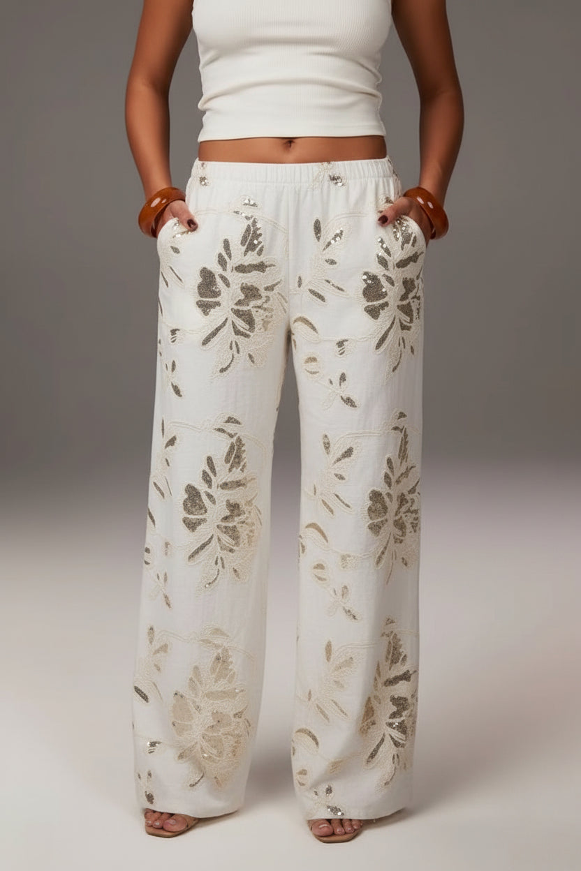 Laura-Pantalones casuales con lentejuelas y bordado